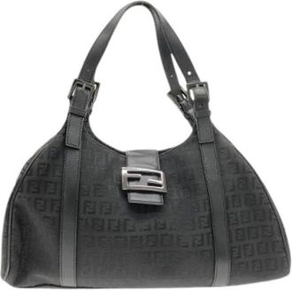 Fendi Pre-owned Shoulder Bags, female, Black, Size: ONE SIZE Pre-owned Canvas Leather Shoulder Bag
