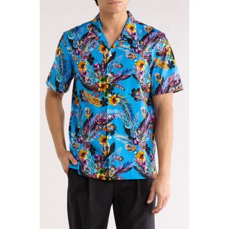 Bugatchi Cole OoohCotton Woven Print Short Sleeve Button-Up Shirt in Azure at Nordstrom Rack, Size Xxx-Large