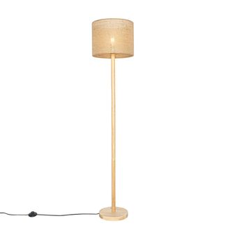 QAZQA R&uacute;stico L&aacute;mpara De Pie De Madera R&uacute;stica Con Pantalla De Lino Natural 32 Cm - Mels /lino Redonda Adecuado Para Led Max. 1 X 40 Watt - Qazqa