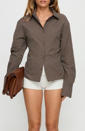 Princess Polly Xinia Check Button-Up Back Tie Blouse in Brown Check at Nordstrom, Size 2