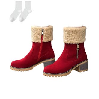 Generic Womens Winter Boots with Warm Fleece Collar, Lined Mid-Calf Suede Boots with Side Zipper And Block Heel, Non-Slip Comfortable Boots for Autumn & Winte