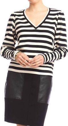 Karen Kane Stripe Bishop Sleeve V-Neck Top In Black With Cream