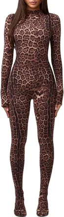 Naked Wardrobe Animal Print Closed Toe Jumpsuit in Brown Leopard at Nordstrom, Size Small