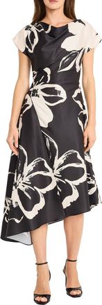 Maggy London Asymmetric Hem Midi Dress in Black/Cream at Nordstrom, Size 10