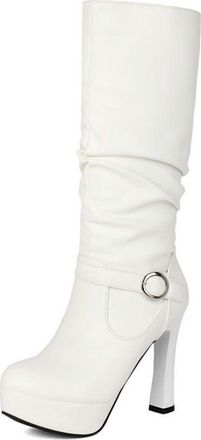 Generic Womens Platform High Heel Long Boots Round Toe Knee High Boots with Buckle PU Leather Slouch Boot with Side Zipper,White,5.5 UK