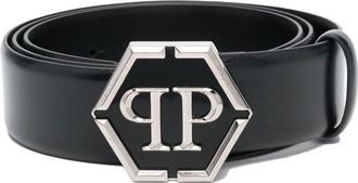 Philipp Plein Hexagon logo leather belt - men - Calf Leather - 95 - Black