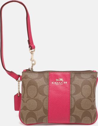 Coach Pink/beige Coated Canvas And Leather Wristlet