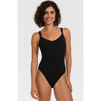 Lands End V-Neck High Leg Strappy Back One Piece in Black at Nordstrom, Size 14