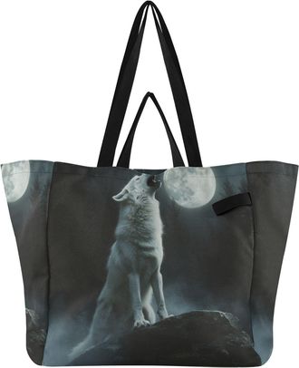 Generic White Horse Blue Wolf Full Moon Black pattern Reusable Canvas Tote Bag, Heavy Duty Grocery Shopping Bag with Hard Bottom Large Capacity Double Handles
