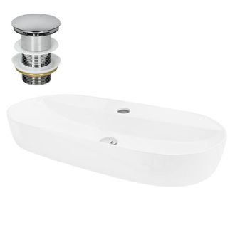 ML Design Lavabo ovalado blanco cer&aacute;mico con desag&uuml;e cromado