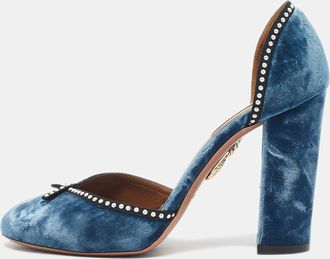 Aquazzura Blue Velvet Embellishment Block Heel Dorsay Pumps