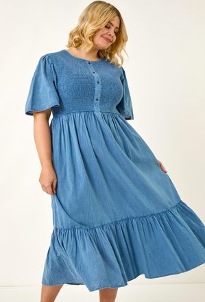 Roman Denim Shirred Midi Dress