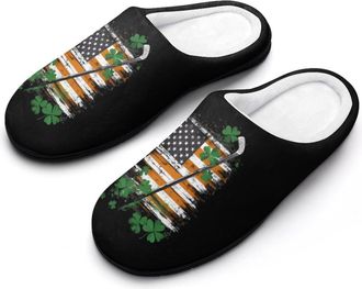 Generic St And Patricks Hockey USA Flag Mens Slippers Memory Foam Winter Warm Sandals Slip On House Shoes Size 7-14
