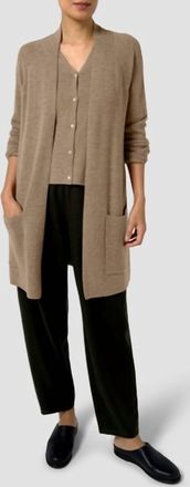 Eileen Fisher Merino Long Cardigan In Biscuit