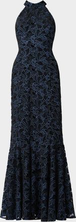 Shoshanna Marcia Velvet Floral Lace Halter Gown