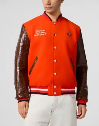 Philipp Plein Varsity Bomber Cocco Sleeves Paris Men in Orange at Nordstrom, Size Xxx-Large