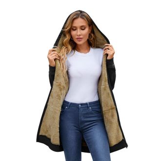 Generic Winter Jackets for Women Warm Zip up Hoodies Coat Women Plush Mid-Long Casual Warm Fleece Drawstring Ladies Hooded Sweatshirt Winter Cozy Cardigan Lon