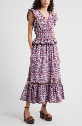 Treasure & Bond Floral Flutter Sleeve Peplum Dress in Pink- Blue Daisy Tapestry at Nordstrom, Size Xx-Small