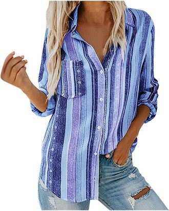 Generic Womens Shirts and Blouses Uk Sale, Plus Size Casual Striped Tunic Tops Long Sleeve Button down Shirts with Chest Pocket Loose Ladies Blouses Autumn To