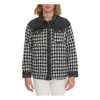 Liu Jo Jassen, Dames, Zwart, M, Polyester, Houndstooth Blouse Jack met Jeansdetails