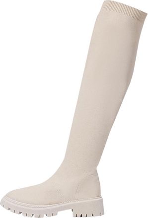 Generic Beige Women Stylish Mesh Stockings Boots with Round Toe Chunky Low Heel Design for Over The Knee Winter Wear