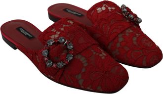 Dolce & Gabbana Womens Red Lace Crystal Slide On Flats Shoes Cotton
