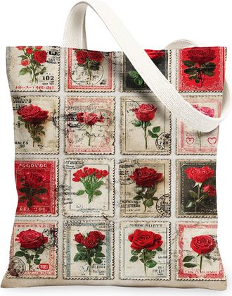 Generic Vintage Floral Canvas Tote Bags, Artistic Rose Print Reusable Grocery Bags, Lightweight Washable Shoulder Strap Canvas for, Red, 13x15 Inch