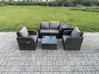 Fimous Wicker PE Rattan Garden Furniture Set Outdoor Lounge Sofa Set with Love Sofa Coffee Table Side Table in Dark Grey