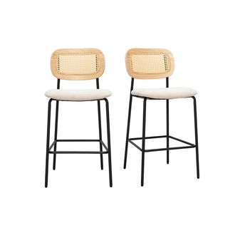 Miliboo Taburetes De Dise&ntilde;o En Tejido Efecto Terciopelo Texturizado Beige, Metal Negro Y Rejilla De Rat&aacute;n (lote De 2) Miranda