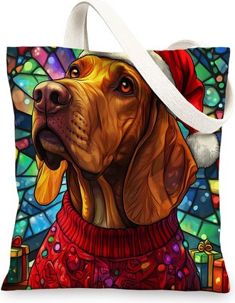 Generic Christmas Bloodhound Dog Canvas Tote Bag for Shopping 13x15, Stained Glass Winter Puppy Reusable Grocery Print Pattern Bag for Women Men, Fun Pet Aest