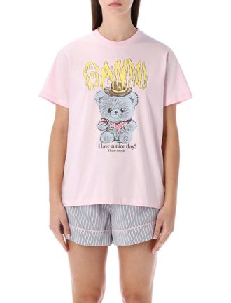 Ganni Pink Crewneck Printed T-Shirt