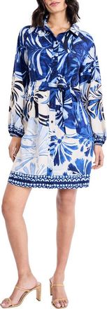 Maggy London Balloon Sleeve Tie Belt Shirtdress in Cream/Blue at Nordstrom, Size X-Large