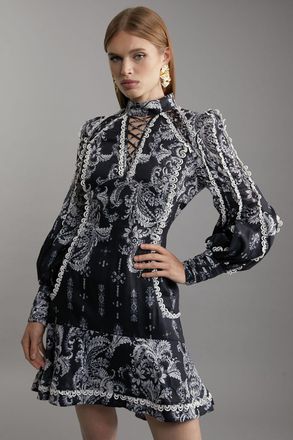 Karen Millen Petite Mono Floral Woven High Neck Mini Dress