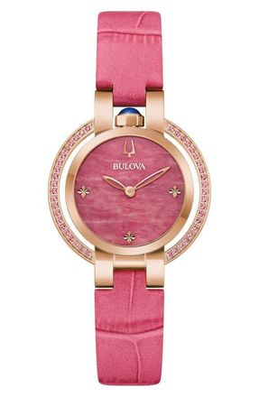 Bulova Rubaiyat Sapphire Leather Strap Watch, 30mm in Rose Gold-Tone at Nordstrom