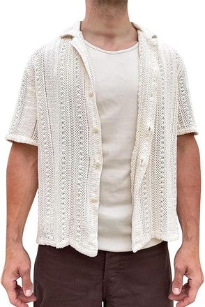 Generic Mens Short Sleeve Hollow Out Shirts - Cooling Breathable Short Sleeved Shirts Fashion Casual Summer Knit Shirt Lightweight Shirts Simple Beach Shirts 