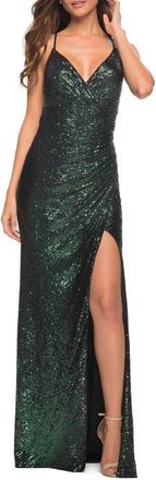 La Femme Long Sequin Gown in Jewel Tones with V Neckline in Emerald at Nordstrom, Size 10
