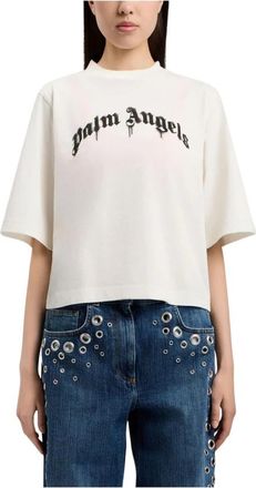 Palm Angels Curved Logo Boxy T-Shirt - Dames - T-shirts - Wit - XS - Katoen - Tops