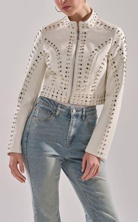 Azalea Wang Silvina Studded Vegan Leather Jacket in White at Nordstrom, Size X-Large