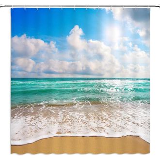 OEM Cortina De Ducha Con Dise&ntilde;o De Playa Oce&aacute;nica, Con Cielo Azul, Olas Tropicales, Nubes Blancas Y Paisajes Naturales De Verano Hawaianos, Con Ganchos De