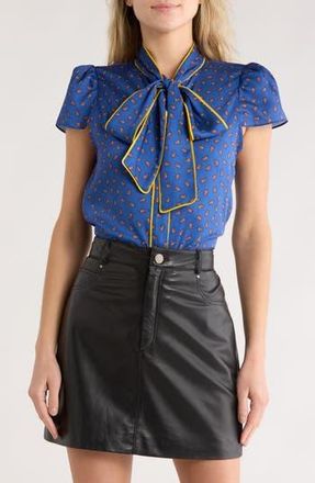 Alice & Olivia Jeannie Piped Tie Neck Top in Mini Paisley Blue at Nordstrom Rack, Size Medium