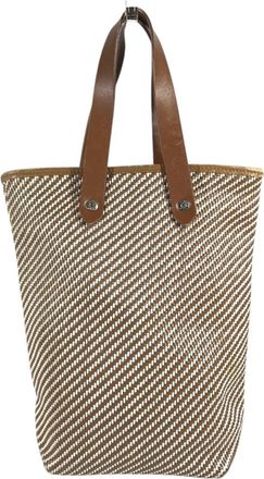Herm&egrave;s Brown Leather Canvas Handbag Tote Bag (Pre-Owned)