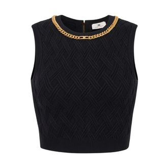 Elisabetta Franchi Diamond-Knit Top with Jewel Detail - female - Elisabetta Franchi - Sleeveless Tops - Black - M - Tops
