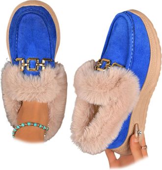 Generic Warm Plush-lined Loafers with Buckle,Low Top Round Toe Fur Lined Moccasins Women with Metal Buckle,Winter fur lined Snow Boots (Blue,7.5)