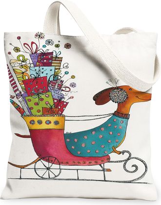 Generic Playful Dog Canvas Tote Bags, Colorful Gift Pattern Reusable Grocery Bags, Winter Festive Lightweight Washable Shoulder Str, White, 13x15 Inch