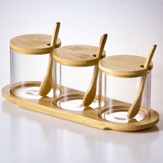 OEM Juego De 3 Tarros De Cristal De 300 Ml Para Especias, Az&uacute;car Y Sal - Tapas Y Cucharas De Bamb&uacute; - Recipientes Para Especias