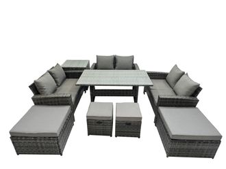 Fimous 10 Seater Outdoor Table Double Seat Sofa Side Table 4 Stools Set in Dark Grey