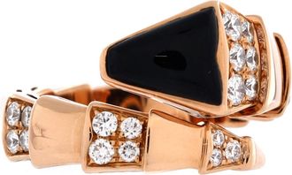 Bulgari Serpenti Viper One-Coil Ring 18K Rose Gold with Onyx and Semi Pave Diamonds Wide