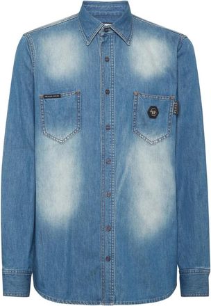Philipp Plein Denim Shirt Long-Sleeve Skull&Bones - Heren - Spijkeroverhemden - Blauw - XS - Denim - Overhemden