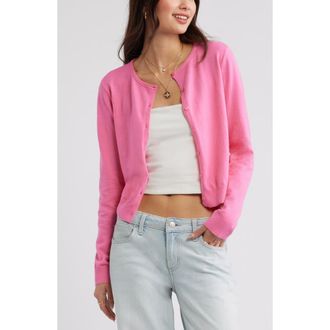 BP. Crewneck Cotton Blend Cardigan in Pink Azalea at Nordstrom, Size Xx-Small