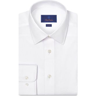 David Donahue Trim Fit Solid Stretch Cotton Twill Dress Shirt in White at Nordstrom, Size 14.5 - 32